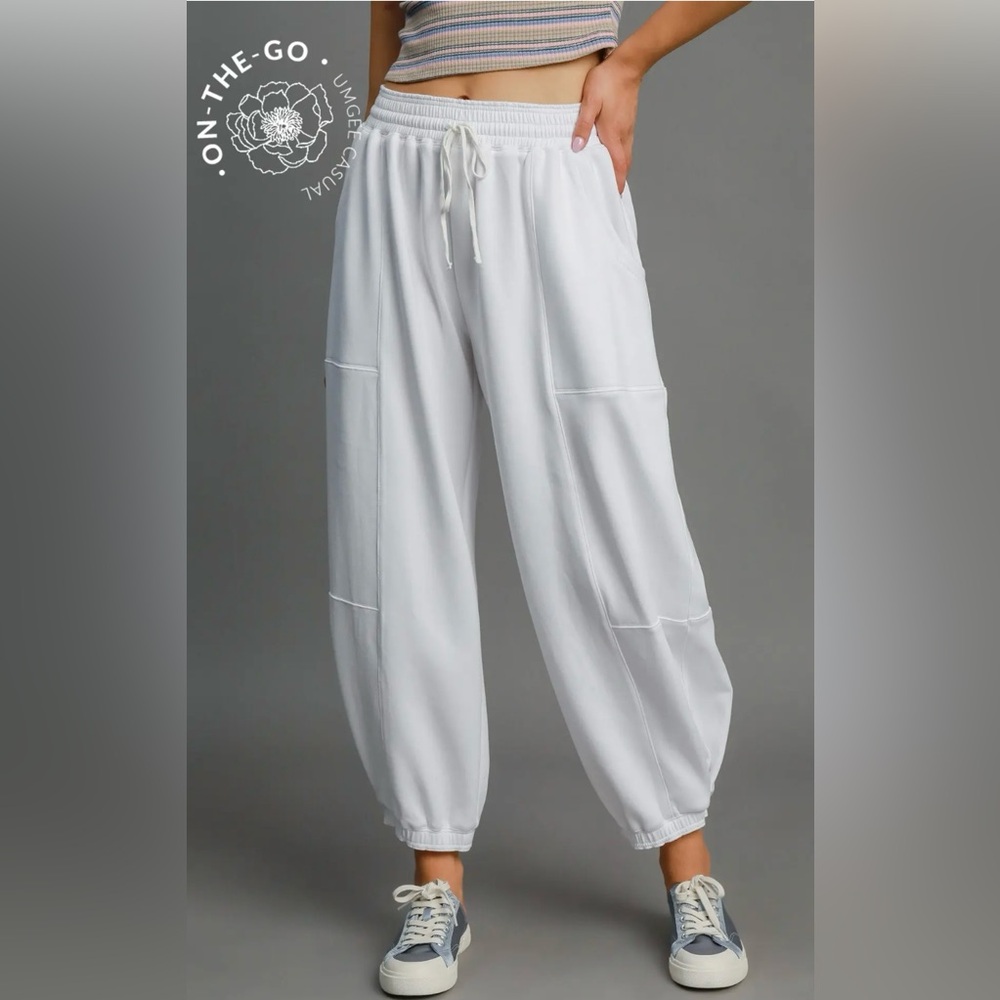 151. Luxe knit, barrel joggers, white, various sizes